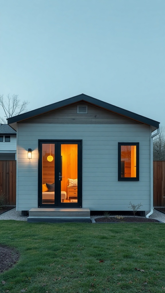 A modern tiny two-story shed house with a sleek facade and warm lighting.