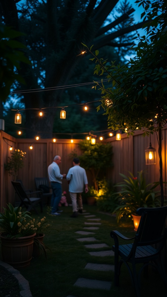 A cozy small backyard garden with string lights and lanterns illuminating a stone path and seating area.