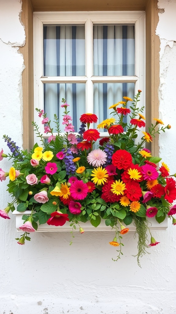 A vibrant window box garden filled with colorful flowers including roses, gerberas, and greenery, enhancing the charm of a home.