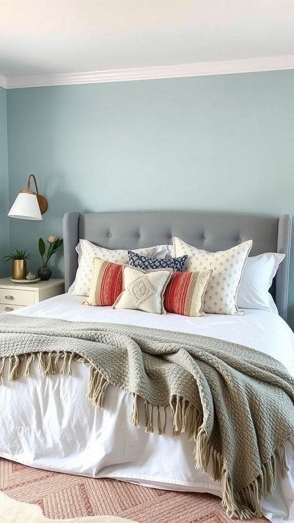 A cozy Boho bedroom with textured pillows and throws in shades of blue and neutral colors.