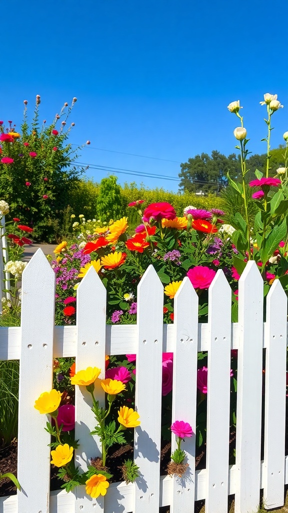 A white picket fence in front of a colorful flower bed with various blooms.