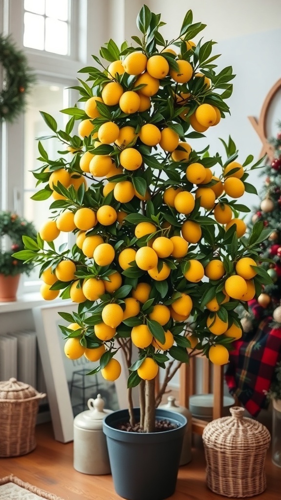 A potted Improved Meyer Lemon tree filled with ripe lemons, set in a cozy indoor environment.