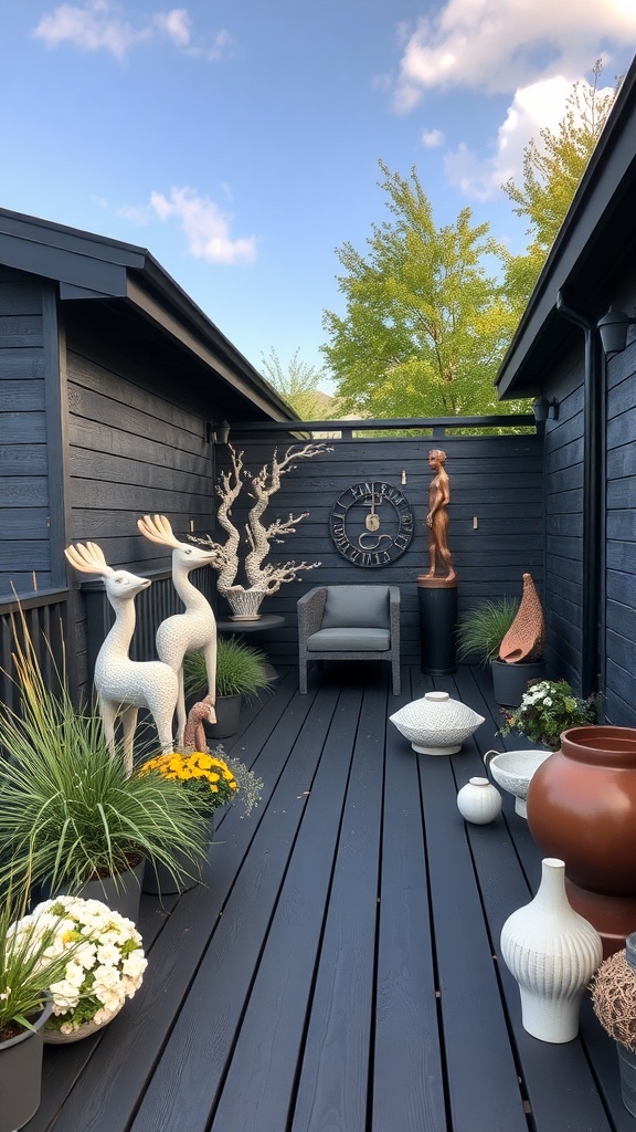 A black deck featuring unique sculptures, planters with flowers, and a cozy chair.