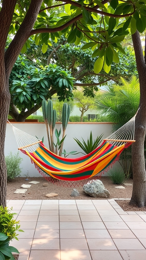A colorful hammock hanging between two trees in a lush garden setting.
