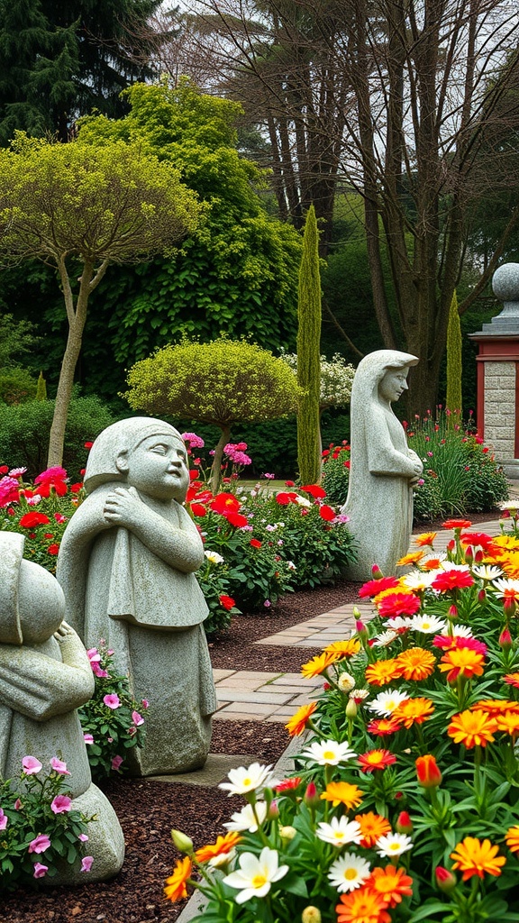 Stone sculptures surrounded by colorful flowers in a garden