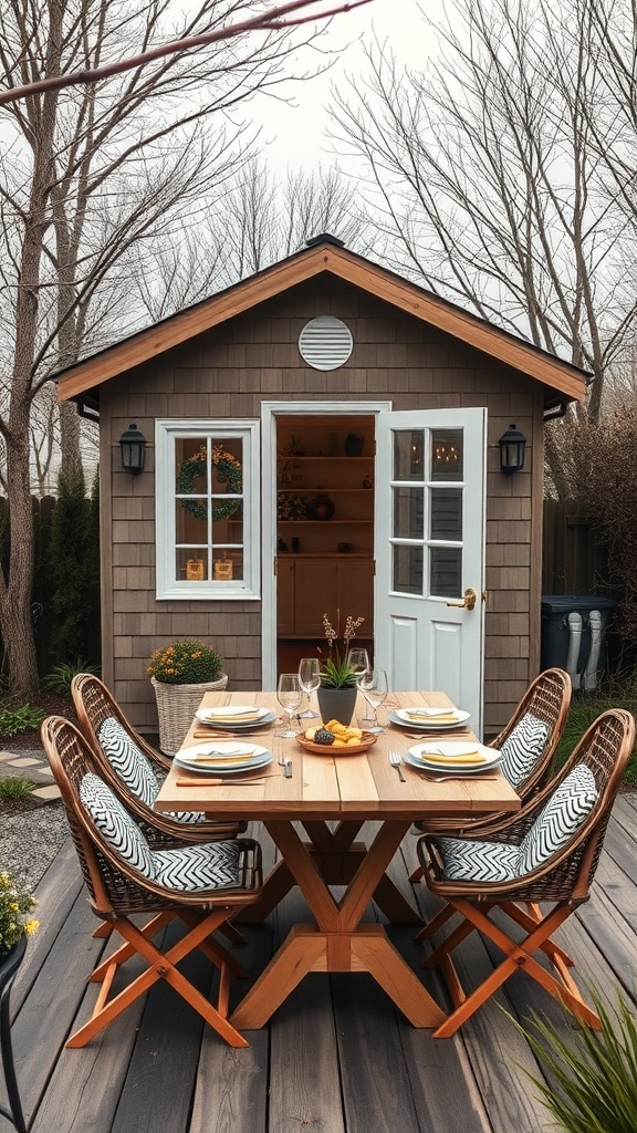 A chic outdoor dining setup with a wooden table and stylish chairs in front of a shed house.