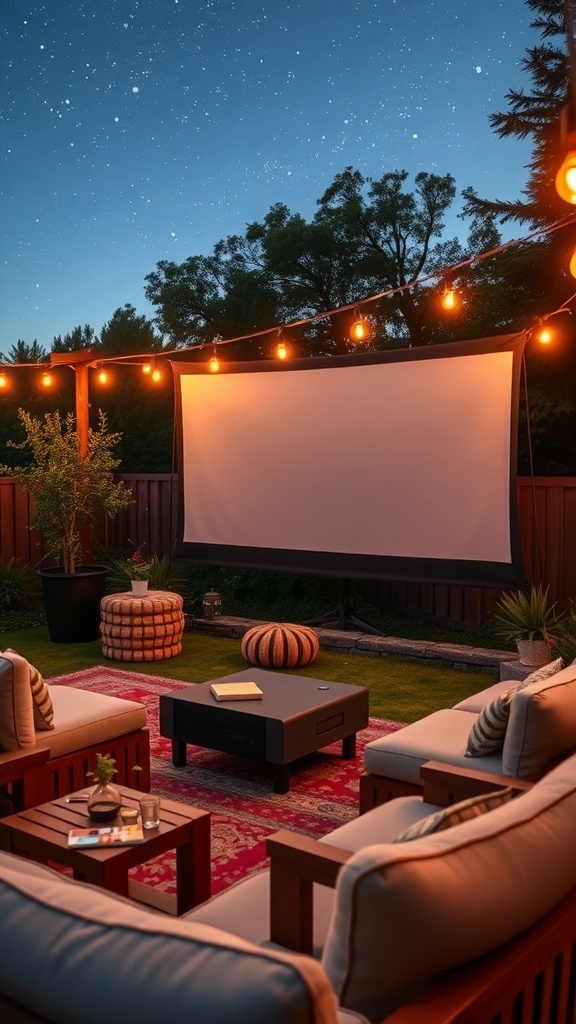 Cozy outdoor movie setup with a projector, seating, and string lights.
