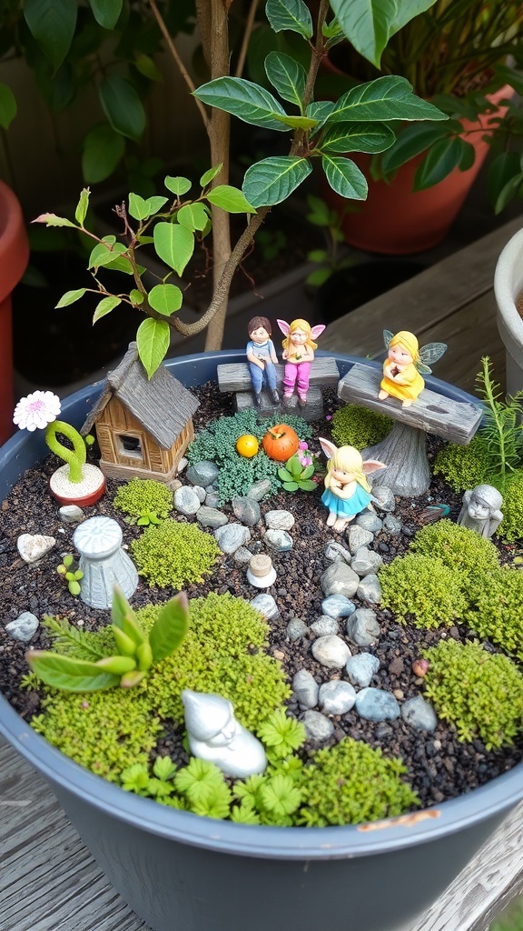 A whimsical fairy garden in a terracotta pot featuring miniature figures and colorful plants.