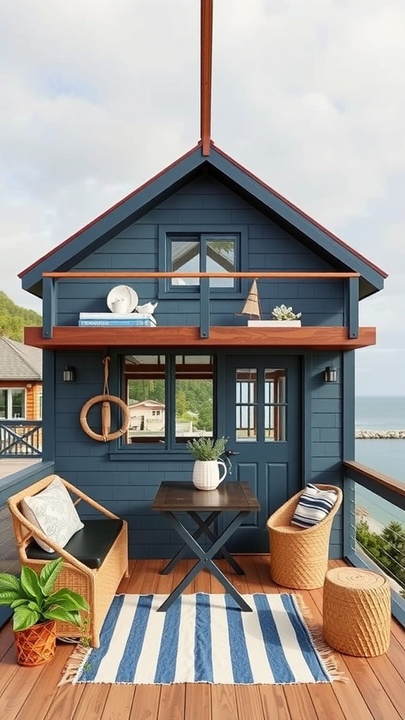 A charming two-story shed house with coastal decor, featuring an anchor and ocean views.