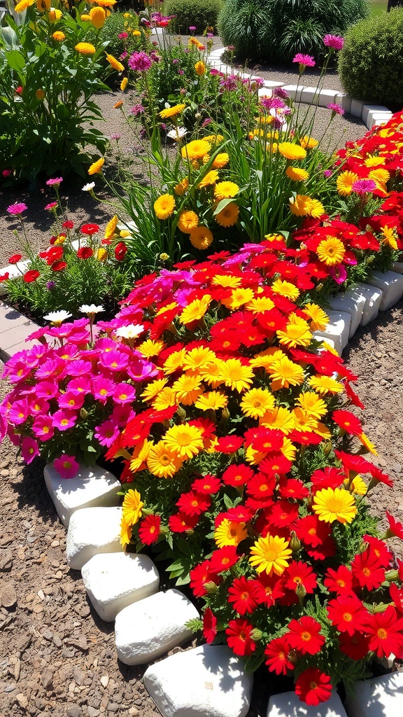 A vibrant flower bed with colorful flowers bordered by white stones.