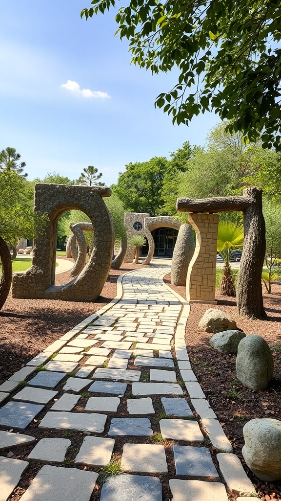 A sculptural stone pathway surrounded by greenery.