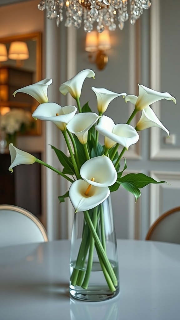 A vase filled with white calla lilies on a table, with a chandelier in the background.