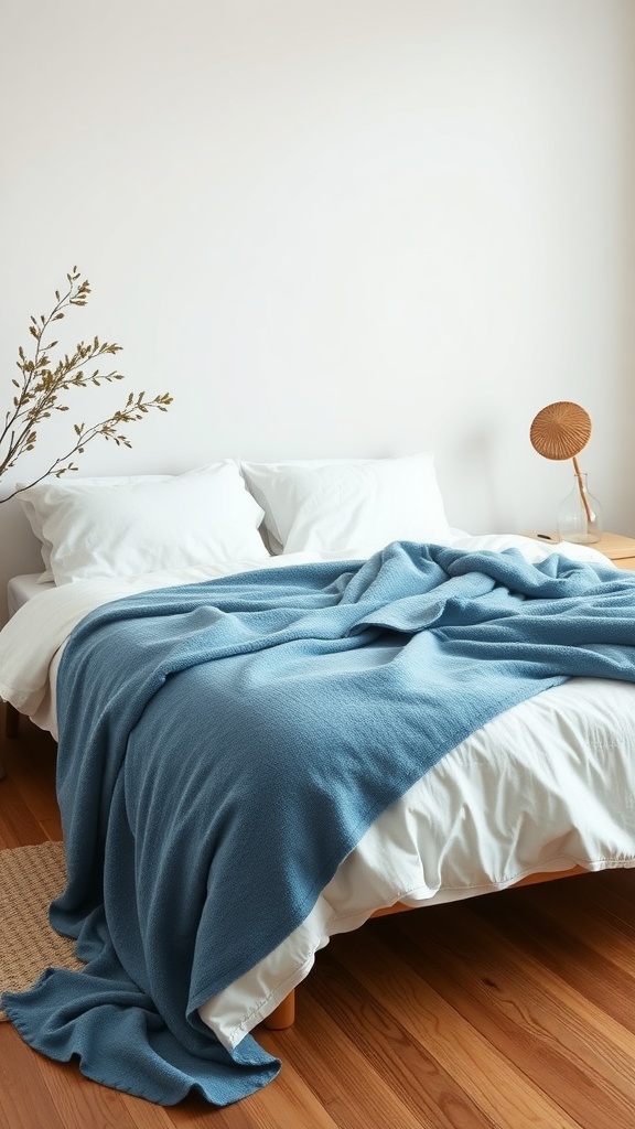 A cozy minimalist bedroom featuring a soft blue throw blanket on a white bed.