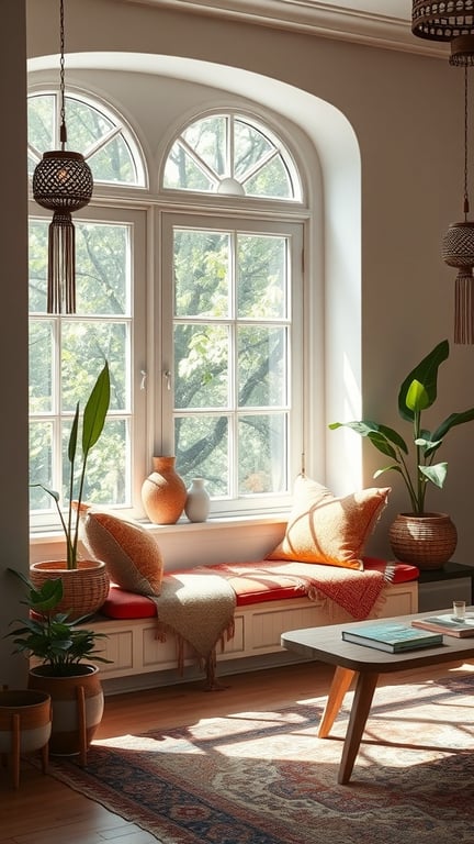 A cozy cushioned window seat with colorful pillows, a throw blanket, and potted plants, illuminated by sunlight.