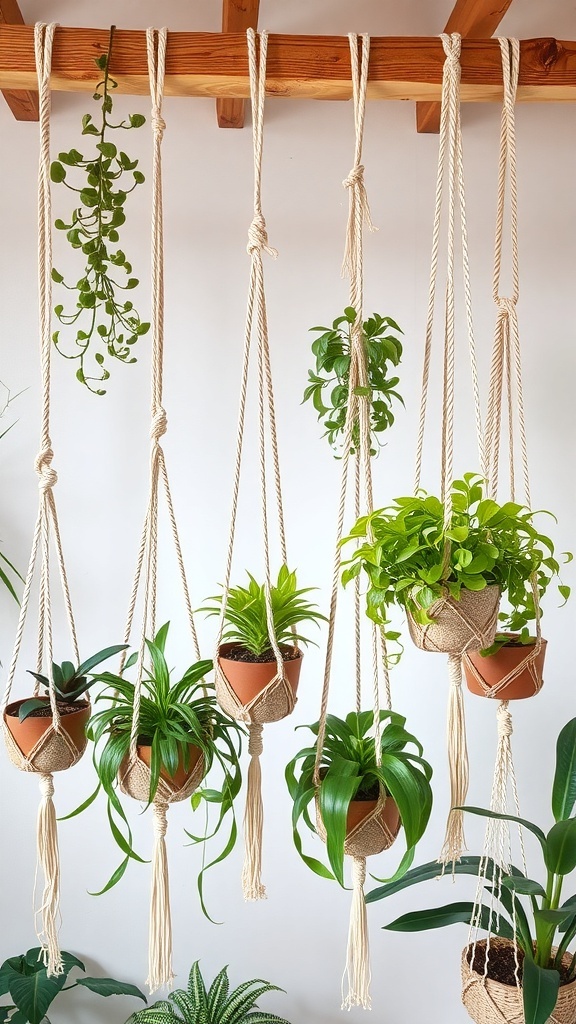 A collection of macramé plant hangers with various green plants, showcasing a cozy boho vibe.