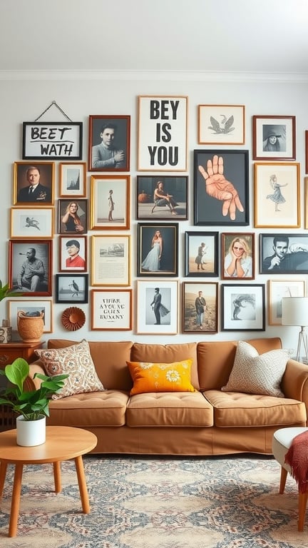 A cozy living room with a gallery wall featuring various framed artworks and photographs.