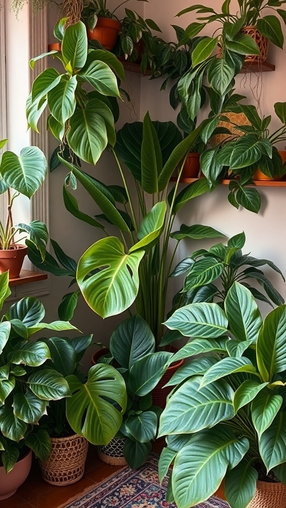 A collection of large leaf plants in various pots, creating a lush indoor garden.