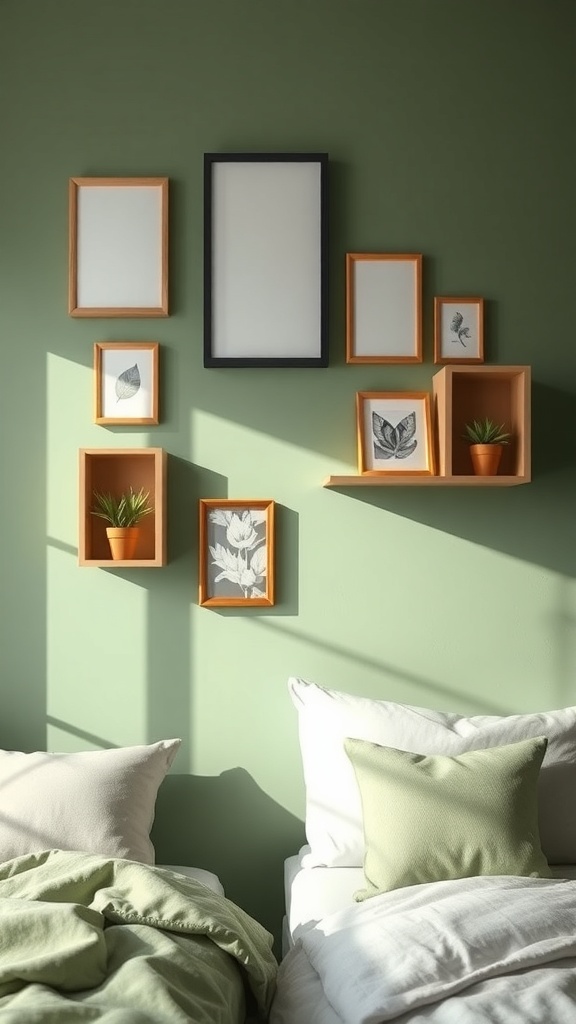 A sage green bedroom wall decorated with framed art and potted plants.