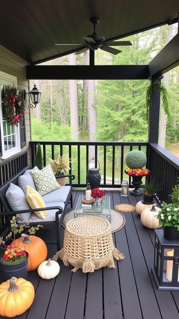A beautifully decorated porch with a black deck, featuring seasonal decor like pumpkins, flowers, and a wreath.