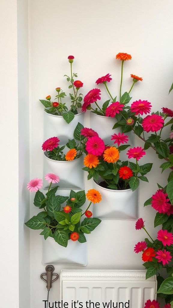 Vertical zinnia wall garden with colorful flowers in wall-mounted planters
