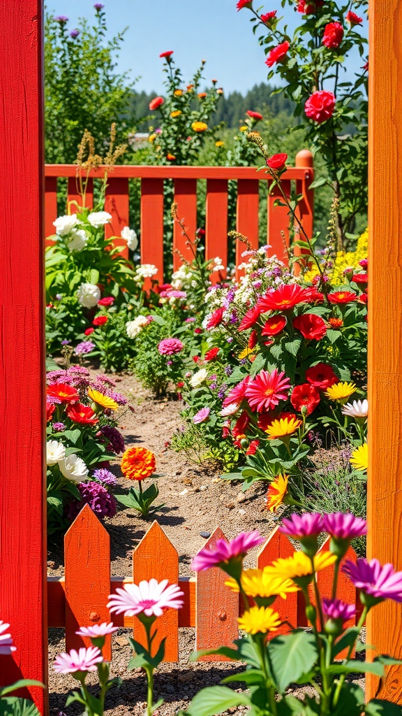A colorful garden with a bright orange wooden border and various flowers.