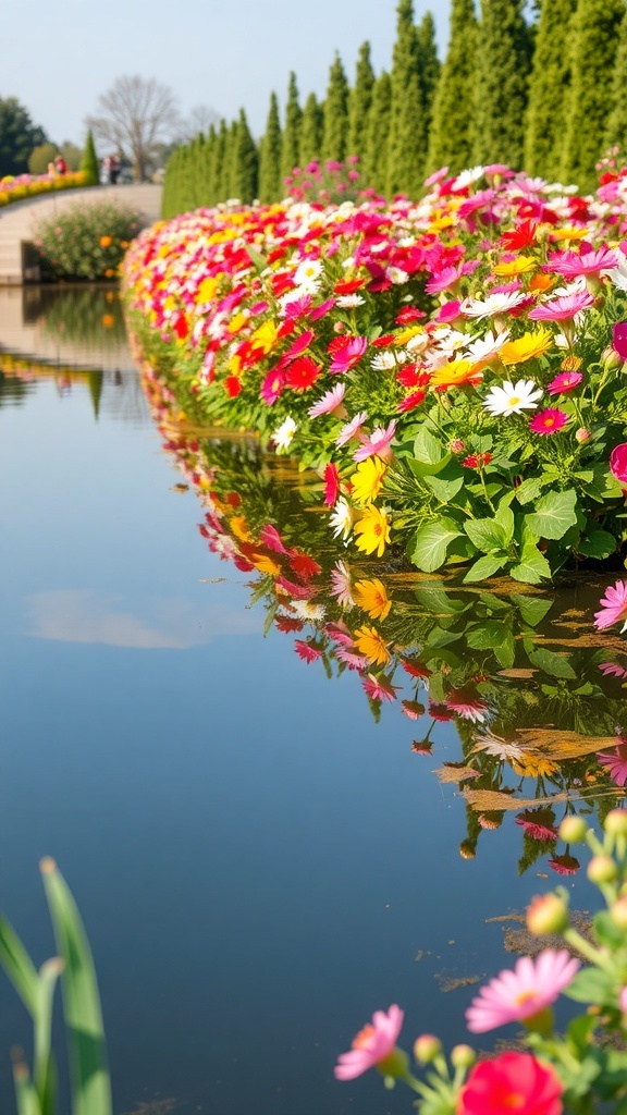 A vibrant flower garden by a peaceful lake, featuring colorful blooms and lush greenery.