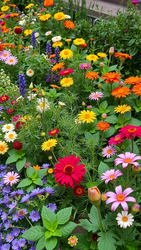 A colorful flower garden featuring a variety of blooms and herbs.
