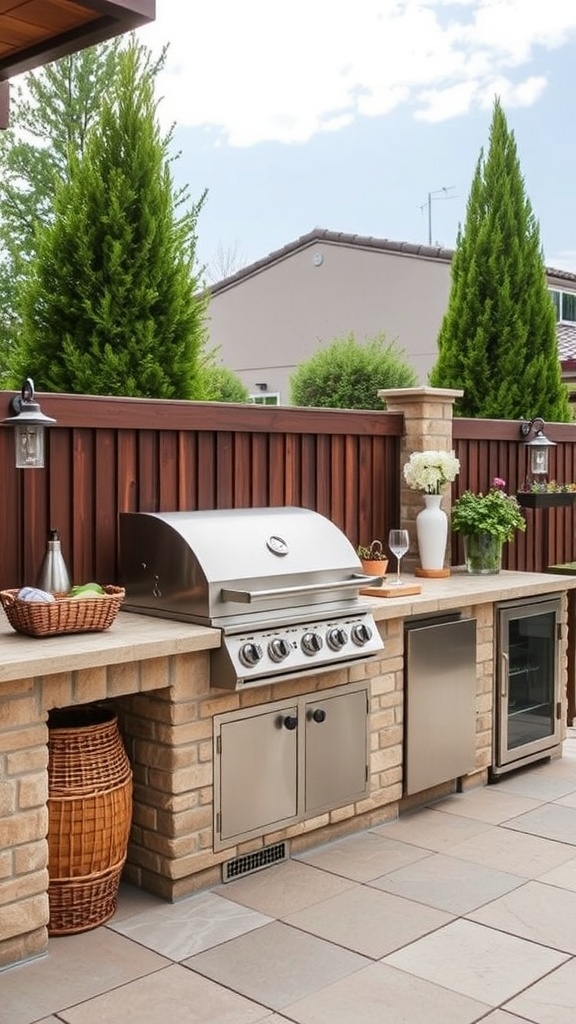 A woman standing in a stylish outdoor kitchen with a grill and modern seating.