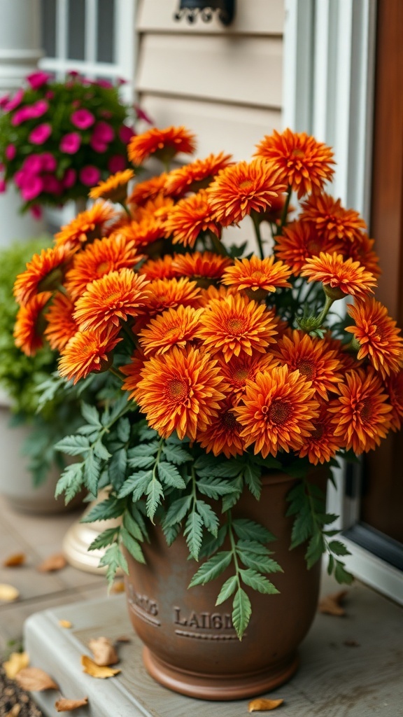 A vibrant display of orange chrysanthemums in a pot, with pink petunias in the background, positioned at a doorway.