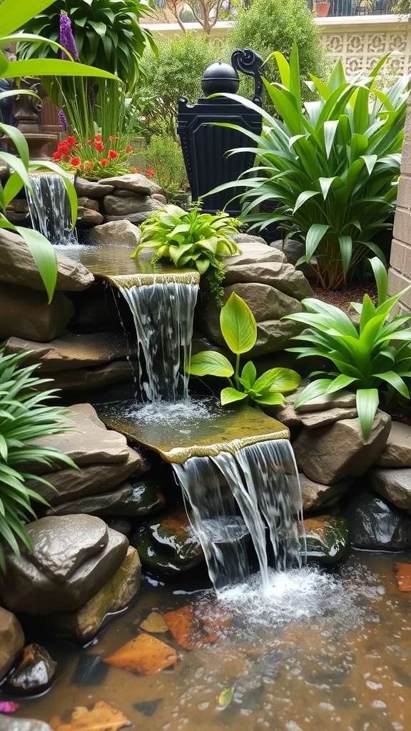 A beautiful cascading waterfall feature in a small backyard garden surrounded by lush plants.