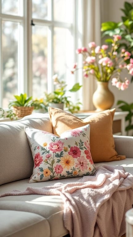 A cozy living room with a beige sofa adorned with bright floral throw pillows and a soft pink blanket.