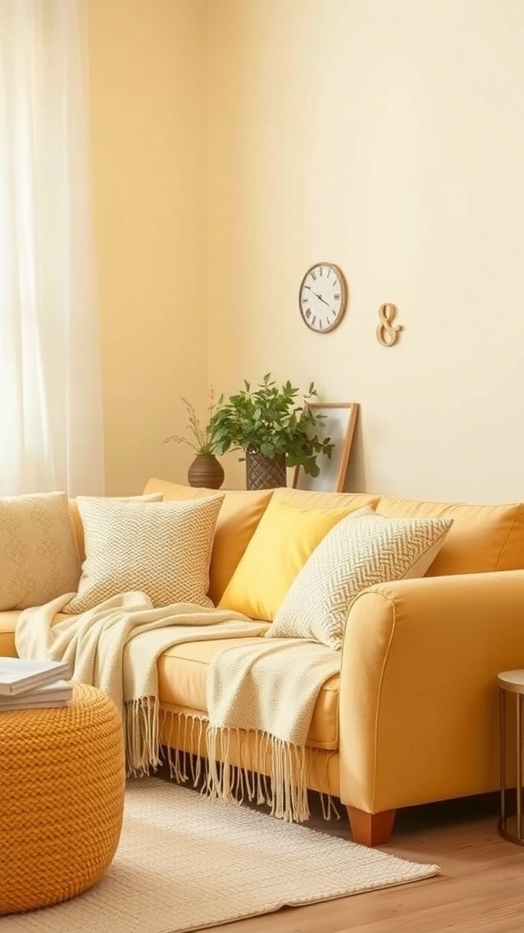 Cozy yellow living room with soft textured fabrics, including a yellow sofa, cushions, and a knitted pouf.