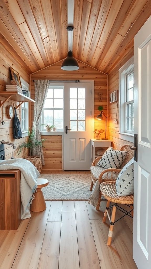 Cozy Scandinavian style interior of a tiny shed house with wooden walls and warm lighting.