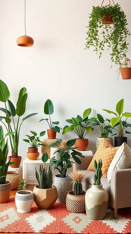 A cozy living room filled with various indoor plants in stylish pots, creating a lush and inviting atmosphere.