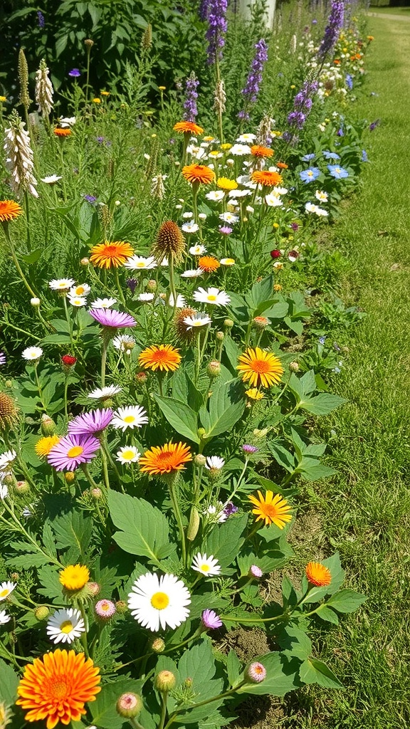A vibrant wildflower meadow with daisies and colorful blooms