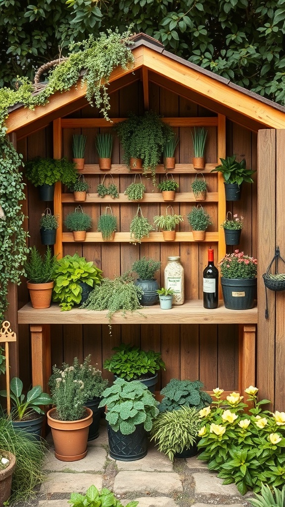 A wooden garden shed with shelves filled with various herbs in pots, creating a charming herb station.