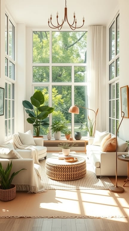 Bright boho living room with large windows, plants, and cozy furniture.
