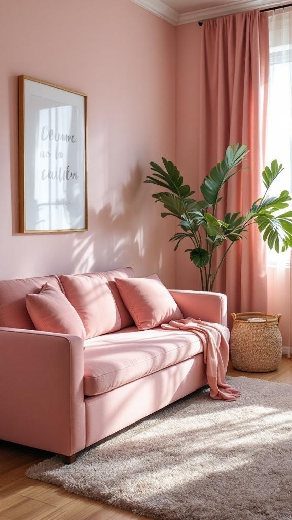 A cozy pink living room featuring a pink sofa, a plant, and a decorative basket.