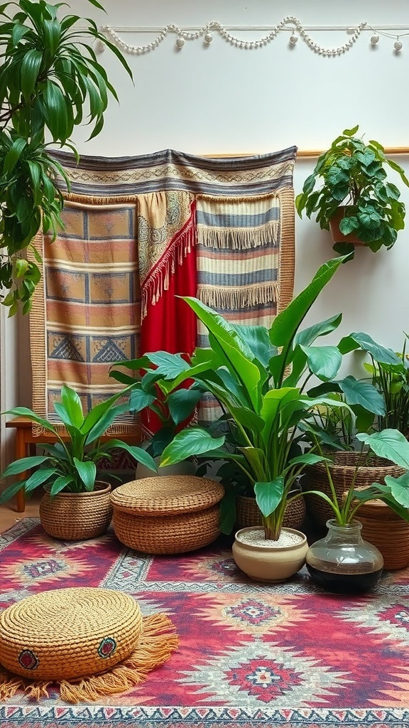 A cozy indoor garden with layered textiles, plants in woven baskets, and a vibrant rug.