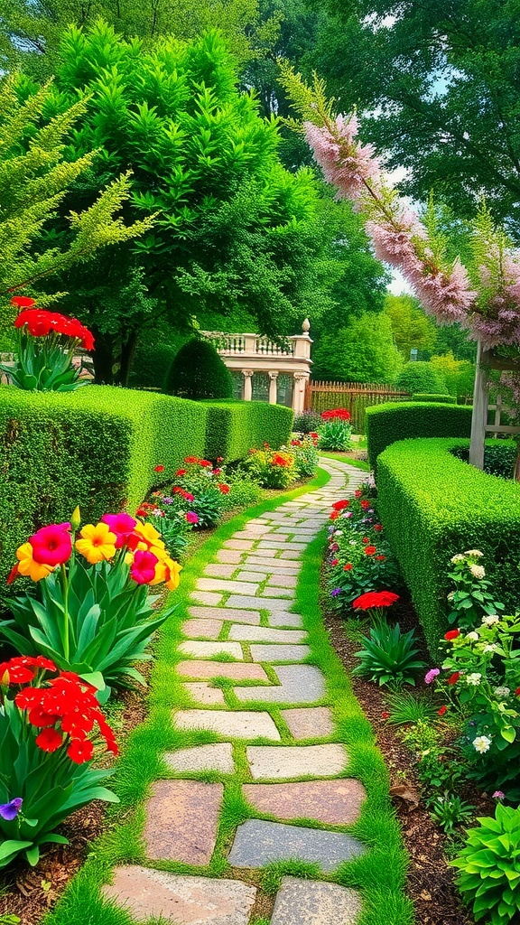 A winding stone pathway surrounded by colorful flowers and lush greenery in a garden.
