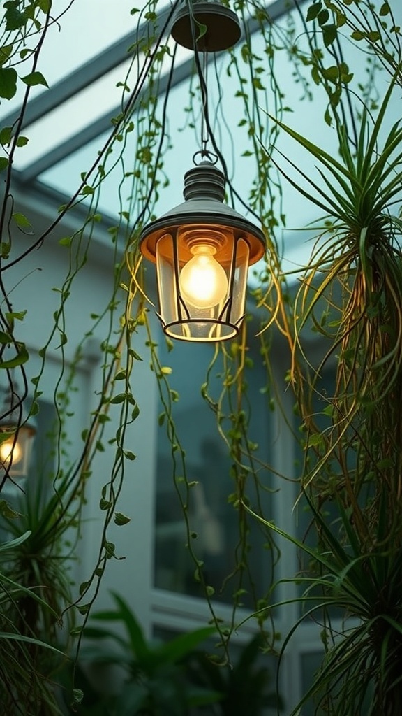 A hanging light fixture surrounded by trailing green plants, creating a cozy atmosphere.