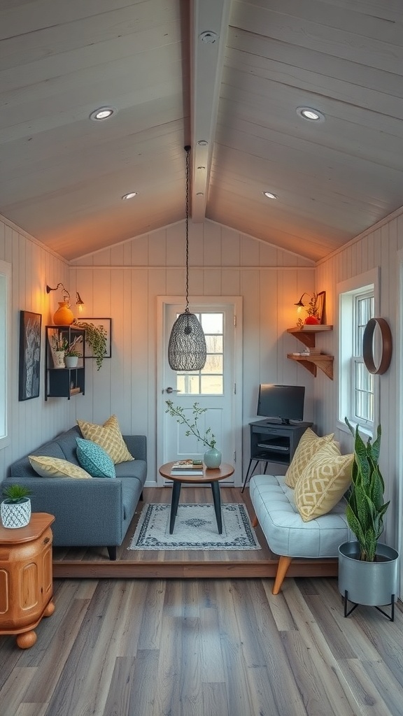Cozy interior of a tiny 2-story shed house with modern furniture and plants.