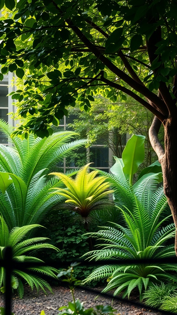 A lush shade garden featuring various ferns and hostas under a tree.