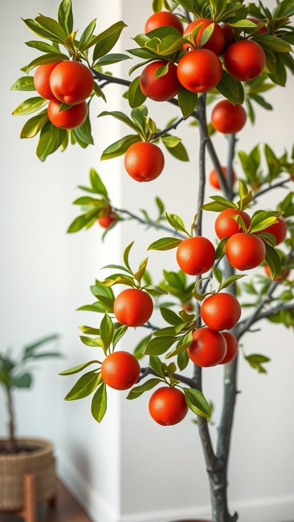 A close-up of a blood orange tree with vibrant red oranges and green leaves, set against a light background.