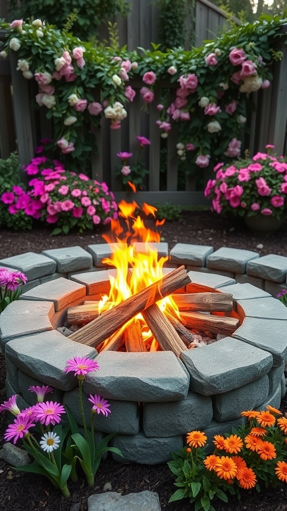 A cozy fire pit surrounded by colorful flowers in a backyard garden.