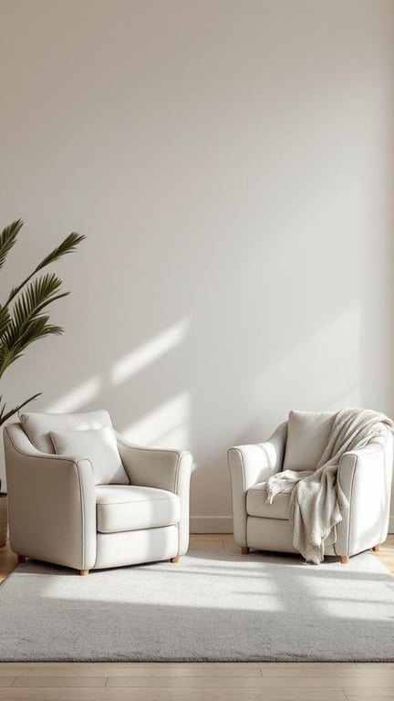 Two comfortable lounge chairs with a throw blanket in a bright living room