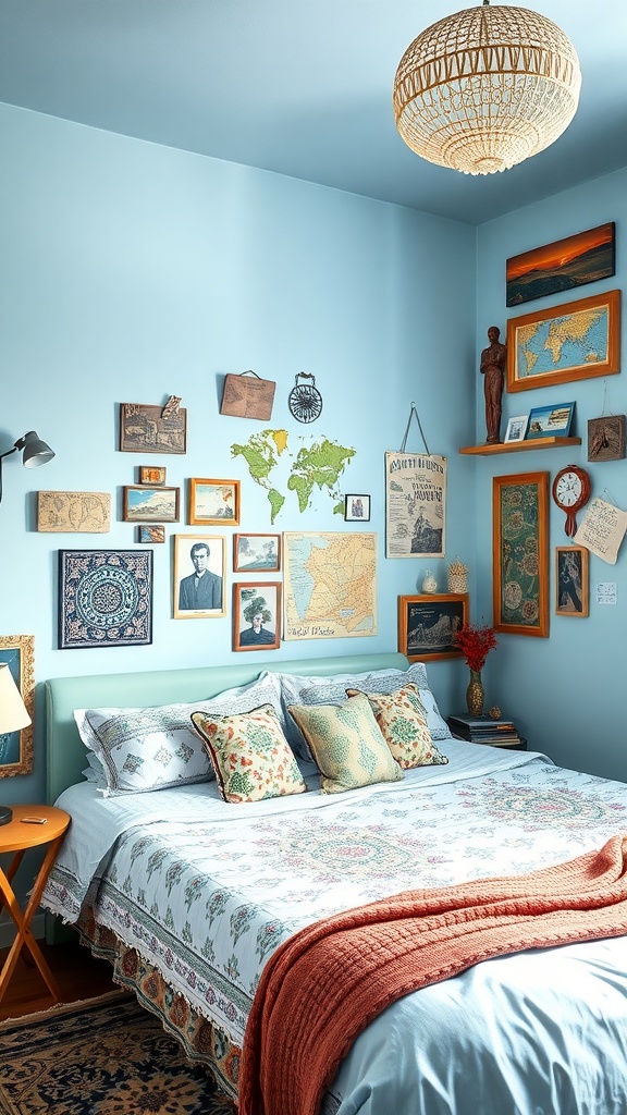 A light blue Boho bedroom featuring a cozy bed with colorful pillows and a wall decorated with travel souvenirs.