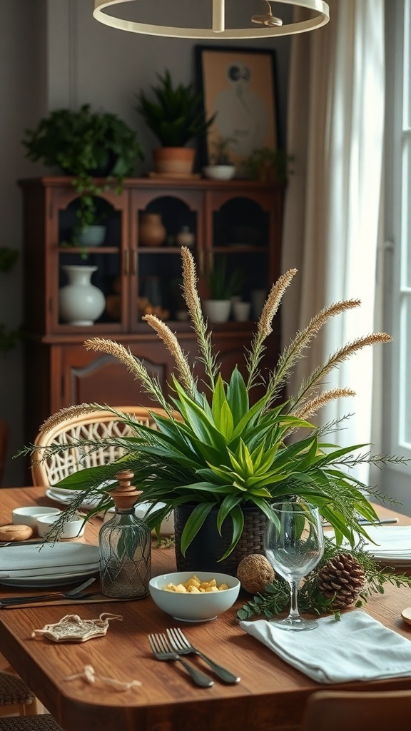 A cozy dining table with a nature-inspired centerpiece featuring a lush green plant, tableware, and natural elements.