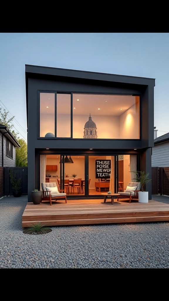 A modern minimalist shed house with large windows and a wooden deck.