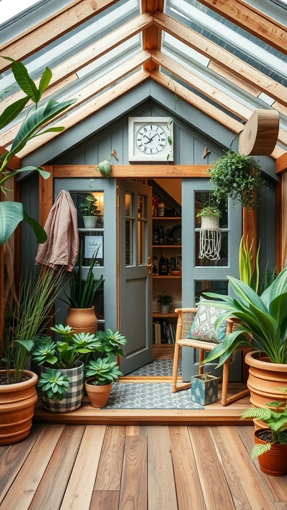 Interior of a tiny shed house with plants and natural light.